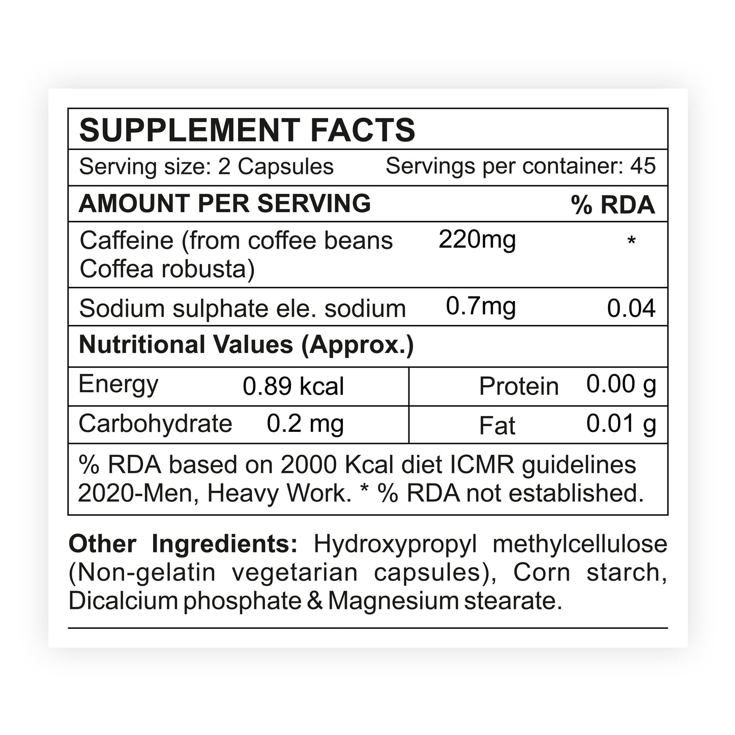 Natural Caffeine Capsules 220mg - 45 Servings